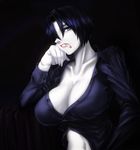  bangs black_hair blue_eyes blue_shirt breasts chiaroscuro cigarette cleavage collarbone curvy dress_shirt hair_over_one_eye hand_on_own_cheek huge_breasts long_sleeves looking_at_viewer mouth_hold no_bra okai one_eye_covered pale_skin parted_lips persona persona_2 serious shirt short_hair smoking solo teeth unbuttoned upper_body yoshizaka_anna 