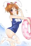  ;3 abe_nana animal_ears bad_id bad_pixiv_id blush breasts brown_hair bunny_ears covered_navel fake_animal_ears idolmaster idolmaster_cinderella_girls looking_at_viewer medium_breasts mio_(mgr300) one-piece_swimsuit one_eye_closed pink_eyes ponytail school_swimsuit short_hair smile solo swimsuit thighhighs twitter_username v wet wet_clothes wet_thighhighs white_legwear 
