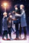  :d age_difference black_hair blonde_hair blue_eyes boku_dake_ga_inai_machi brown_eyes child coat commentary dual_persona earmuffs fujinuma_satoru full_body glasses hand_in_pocket height_difference kobayashi_kenya lamp lantern light lights long_sleeves male_focus multiple_boys open_mouth outdoors playground pointing scarf smile snowing takerusilt translation_request walking winter winter_clothes winter_coat younger 