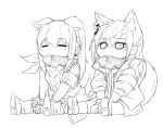  2girls animal_ears artist_request bandanna chibi dog_ears dog_tail eyes_closed food food_in_mouth girls_frontline headphones jacket m4a1_(girls_frontline) multiple_girls sitting sketch st_ar-15_(girls_frontline) tail tail_wagging taiyaki wagashi 