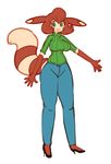  april_fools big_breasts breasts brown_fur brown_hair clothing curly_q female fur furret green_eyes hair high_heels keijimatsu nintendo open_mouth pok&eacute;mon pok&eacute;morph solo sweater tan_fur video_games 