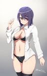  arm_at_side black_bra black_panties blouse bra breasts dress_shirt eyepatch hayabusa kantai_collection large_breasts looking_at_viewer navel no_pants open_blouse open_clothes panties purple_hair shirt short_hair solo stomach tenryuu_(kantai_collection) thighhighs underwear white_blouse yellow_eyes 