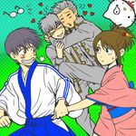  3boys 3mm black_hair blush brown_hair flat_color gintama halftone halftone_background heart hijikata_toushirou hug japanese_clothes kondo_isao kondou_isao multiple_boys ponytail shimura_shinpachi shimura_tae short_hair uniform yaoi 