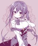  alternate_breast_size blush breasts cleavage commentary_request gochuumon_wa_usagi_desu_ka? hair_ornament hairclip large_breasts long_hair long_sleeves mitsumomo_mamu pale_skin purple_eyes purple_hair rabbit_house_uniform shirt_lift solo strap_slip tedeza_rize twintails 