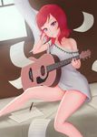  acoustic_guitar arm_up bare_legs bare_shoulders bed bed_sheet blush collarbone curtains eliskalti grey_shirt guitar hand_in_hair highres holding indoors instrument love_live! love_live!_school_idol_project mouth_hold musical_note nishikino_maki no_pants off-shoulder_shirt on_bed open_window paper pencil plectrum purple_eyes quarter_note red_hair sheet_music shirt short_hair short_sleeves sitting solo tareme wind window 