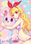  aikatsu! aikatsu!_(series) blonde_hair blush bow bra hair_ribbon hoshimiya_ichigo hug long_hair looking_at_viewer nishimura_eri no_pants no_shirt panties red_eyes revision ribbon smile solo stuffed_animal stuffed_toy teddy_bear underwear 