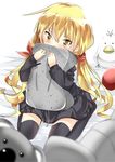  black_legwear black_serafuku black_skirt blonde_hair blush goji_(8jikan_roudou) hair_between_eyes hair_ribbon highres kantai_collection koala long_hair long_sleeves looking_at_viewer low_twintails nurikabe pillow pillow_hug pleated_skirt remodel_(kantai_collection) ribbon satsuki_(kantai_collection) school_uniform serafuku sitting skirt solo stuffed_animal stuffed_toy thighhighs twintails wariza yellow_eyes 