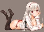  anna_(sennen_sensou_aigis) ass blush breasts cleavage gray headband heart kusowarota long_hair panties red_eyes sennen_sensou_aigis thighhighs underwear waifu2x white_hair 