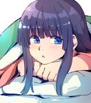  alternate_hair_color anarogumaaa blue_eyes blush chestnut_mouth colored_eyelashes cover face hands hime_cut houraisan_kaguya long_hair long_sleeves looking_to_the_side lying on_stomach parted_lips pillow purple_hair shiny shiny_hair simple_background solo touhou white_background 