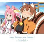  :3 ^_^ animal_ears antenna_hair birthday blazblue blush breasts brown_hair cat_ears eyes_closed fingerless_gloves food glasses gloves happy happy_birthday highres ice_cream kokonoe long_hair makoto_nanaya midriff mirano multiple_girls orange_eyes pince-nez pink_hair short_hair smile squirrel_ears squirrel_tail tail 