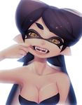  1girl absurdres aori_(splatoon) armpits bangs bare_shoulders black_hair breasts cleavage collarbone domino_mask earrings eyelashes fangs finger_in_mouth head_tilt highres jewelry long_hair looking_at_viewer mask medium_breasts mole mole_under_eye mouth_pull open_mouth pink_lips pointy_ears puchiman simple_background solo splatoon_(series) splatoon_1 strapless swept_bangs teeth tentacle_hair twitter_username upper_body white_background yellow_eyes 