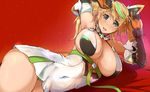  aqua_eyes armpits bare_shoulders blonde_hair blush breasts elbow_gloves fang gene_(pso2) gloves green_hair headgear large_breasts long_hair looking_at_viewer lying multicolored_hair on_side open_mouth phantasy_star phantasy_star_online_2 red_background simple_background solo tokiwa_midori_(kyokutou_funamushi) twintails 