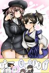  2girls admiral_(kantai_collection) alternate_costume alternate_eye_color anchor april_fools black_hair blue_skirt blush breasts brown_hair clothes_writing commentary_request cosplay dress hakama_skirt hat highres japanese_clothes kaga_(kantai_collection) kaga_(kantai_collection)_(cosplay) kantai_collection large_breasts long_hair long_sleeves military military_hat military_uniform multiple_girls muneate neckerchief peaked_cap purple_eyes ryuun_(stiil) sailor_collar sailor_dress sailor_hat short_hair side_ponytail skirt tasuki translated uniform wig wig_removed yellow_eyes z3_max_schultz_(kantai_collection) z3_max_schultz_(kantai_collection)_(cosplay) 