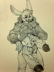  anthro band-aid bandage briefs clothed clothing clothing_lift disembodied_hand grope hoodie lagomorph male mammal midriff monochrome nameless_character navel one_eye_closed open_pants pencil_(artwork) rabbit shirt shirt_lift sketch solo_focus traditional_media_(artwork) tzarvolver underwear 
