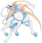  animal_ears ass bad_id bad_tumblr_id blonde_hair blue_eyes breasts centaur full_body heart highres hooves horse_ears horse_tail index_finger_raised large_breasts microphone monster_girl monsterification open_mouth outstretched_arm rainbow rainbow_mika simple_background skindentation slugbox solo street_fighter tail twintails white_background 