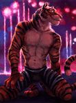  clothed clothing disney feline fountain fur fuzzy kenket lights looking_away male mammal orange_fur pink_nose raised_eyebrow shorts smile smug solo stage standing stripper_tiger_(zootopia) tiger topless zootopia 