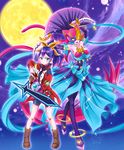  animal_ears blue_hair bow card cat_ears cat_tail chomose dagger domino_mask duel_monster full_moon gloves green_eyes hair_bow jacket jewelry lunalight_cat_dancer mask md5_mismatch moon multicolored_hair multiple_girls multiple_tails ponytail serena_(yuu-gi-ou_arc-v) sword tail toeless_legwear two-tone_hair weapon yuu-gi-ou yuu-gi-ou_arc-v 
