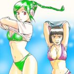  2girls 3mm animal_ears bikini black_hair braid breasts cat_ears catherine_(gintama) censored cleavage gintama green_hair long_hair mosaic_censoring multiple_girls red_eyes short_hair tama_(gintama) 