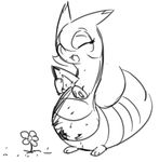  black_and_white curly_q cute dirt female feral flower furret keijimatsu monochrome nintendo one_eye_closed open_mouth plant pok&eacute;mon solo trowel video_games 