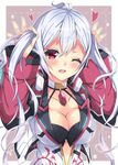  ;d ahoge blush breasts bunching_hair cleavage collarbone heart highres holding holding_hair innocent_cluster large_breasts long_hair long_sleeves looking_at_viewer matoi_(pso2) milkpanda one_eye_closed open_mouth phantasy_star phantasy_star_online_2 red_eyes silver_hair smile solo twintails upper_body 