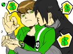  bags_under_eyes ben_10 ben_10:_alien_force benjamin_kirby_tennyson black_hair brown_hair green_eyes green_jacket jacket kevin_ethan_levin kiss kokeka-ki male_focus multiple_boys neck_kiss omnitrix spoken_dollar_sign 