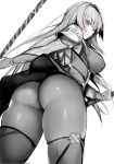  1girl ass blue_gk bodysuit breasts commentary_request fate/grand_order fate_(series) from_below gae_bolg greyscale hair_intakes highres hips holding holding_polearm holding_weapon huge_ass large_breasts long_hair looking_at_viewer monochrome pauldrons polearm red_eyes scathach_(fate)_(all) scathach_(fate/grand_order) shoulder_armor spear thick_thighs thighs weapon wide_hips work_in_progress 