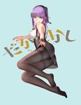  :q absurdres bad_id bad_pixiv_id black_legwear blue_background blue_eyes breasts copyright_name dagashi_kashi flower full_body hair_flower hair_ornament hairband highres legs looking_at_viewer lying medium_breasts nail_polish no_shoes on_side pantyhose purple_hair red_nails revision shidare_hotaru short_hair solo thighband_pantyhose tongue tongue_out zhano_kun 