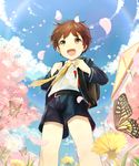  backpack bag belt blush brown_eyes brown_hair bug butterfly cherry_blossoms cocolo_(co_co_lo) flower from_below insect male_focus necktie open_mouth original petals school_uniform shorts smile solo spring_(season) 