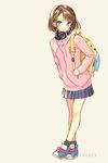  backpack bad_id bad_pixiv_id bag blue_eyes blush brown_hair dated full_body hair_ornament hairclip hand_in_pocket headphones headphones_around_neck looking_at_viewer original school_uniform shoes short_hair simple_background skirt smile sneakers solo tsukigami_runa 
