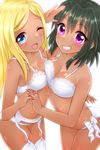  ;d asymmetrical_docking bad_id bad_pixiv_id bare_shoulders blonde_hair blue_eyes blush bow bra breast_press breasts cleavage comic dark_skin eyebrows eyebrows_visible_through_hair from_above garter_belt green_hair grin holding_hands idolmaster idolmaster_cinderella_girls layla_(idolmaster) lingerie lips long_hair looking_at_viewer looking_up medium_breasts midriff mio_(mgr300) multiple_girls natalia_(idolmaster) navel one_eye_closed open_mouth panties purple_eyes salute short_hair side-tie_panties simple_background small_breasts smile standing stomach teeth thighhighs underwear underwear_only white_background white_bow white_bra white_legwear white_panties 