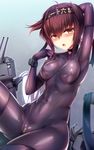  :o anchor_symbol arm_up armpits bangs black_gloves blush bodysuit breasts brown_hair choker chou-10cm-hou-chan_(hatsuzuki's) covered_navel covered_nipples crotch_zipper eyebrows eyebrows_visible_through_hair flying_sweatdrops gloves hairband hatsuzuki_(kantai_collection) heart heart-shaped_lock heart_lock_(kantai_collection) highres kantai_collection looking_at_viewer orange_eyes purple_bodysuit silly_(marinkomoe) sitting small_breasts solo tears zipper 