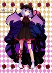  absurdres alternate_costume argyle argyle_background armband arms_behind_back bare_shoulders bat_wings black_dress blush character_name dress fang flower hat hat_ribbon head_tilt highres lavender_hair leg_ribbon looking_at_viewer mob_cap moon red_eyes red_flower red_moon red_ribbon red_rose remilia_scarlet ribbon rose sleeveless smile solo sonikey0_0 thigh_strap touhou wings 