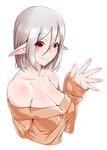  bad_id bad_pixiv_id bare_shoulders breasts cleavage elf highres himamushi_nyuudou long_hair medium_breasts original pointy_ears raised_eyebrows red_eyes silver_hair simple_background smile solo sweater 