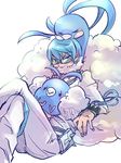  1boy altaria bad_id bad_pixiv_id blue_eyes blue_hair blush closed_eyes covered_mouth crossed_legs fur_trim gen_3_pokemon glasses inumuta_houka kill_la_kill leaning_on_person looking_at_viewer pokemon pokemon_(creature) sitting sleeping swablu 