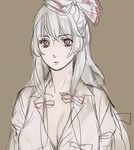  alternate_hairstyle asakura_noi bangs bow breasts brown_background cleavage collared_shirt fujiwara_no_mokou grey_hair hair_bow large_breasts long_hair long_sleeves looking_at_viewer open_clothes open_shirt parted_lips pink_lips puffy_long_sleeves puffy_sleeves red_eyes shirt sidelocks simple_background solo touhou upper_body very_long_hair 