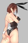  animal_ears ass back black_eyes breasts brown_hair bunny_ears bunny_tail bunnysuit fake_animal_ears fake_tail grey_background highres large_breasts long_hair looking_at_viewer original parted_lips profile sideboob sitting solo tail tsukino_wagamo 