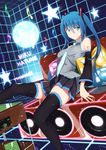  blue_eyes blue_hair character_name copyright_name detached_sleeves domo1220 eighth_note hatsune_miku highres long_hair looking_at_viewer musical_note necktie sitting skirt solo speaker star tattoo thighhighs twintails very_long_hair vocaloid 