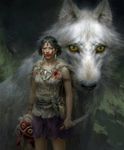  animal artstation_sample belt black_hair blood blood_on_face bloody_clothes cape dagger earrings facepaint goggles highres image_sample jewelry looking_at_viewer mask miniskirt mononoke_hime necklace realistic san scabbard sheath short_hair skirt studio_ghibli tianhua_xu weapon white_fur wolf yellow_eyes 