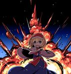  alice_margatroid blonde_hair blue_eyes capelet dress explosion fireball hair_between_eyes short_hair smile solo touhou yuuki_(yuyuki000) 