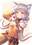  1girl animal_ear_fluff animal_ears bangs belt blunt_bangs blush bodysuit breasts cat_ears cocoasabure dutch_angle eyebrows_visible_through_hair fangs gloves grey_hair hair_ornament happy highres looking_at_viewer nintendo niyah scarf short_hair silver_hair small_breasts smile solo white_gloves xenoblade_(series) xenoblade_2 yellow_bodysuit yellow_eyes 