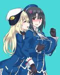  alternate_headwear anger_vein angry atago_(kantai_collection) beret black_gloves black_hair blonde_hair blue_background blush breast_grab breasts buttons clenched_hand closed_eyes gloves grabbing grabbing_from_behind groping hat huge_breasts kantai_collection long_hair long_sleeves looking_back military military_hat military_uniform mizuumi_(bb) multiple_girls open_mouth red_eyes short_hair simple_background smile takao_(kantai_collection) uniform yuri 