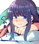 alternate_hair_color anarogumaaa blue_eyes blush colored_eyelashes cover crying crying_with_eyes_open face hands hime_cut houraisan_kaguya long_hair long_sleeves looking_to_the_side lying on_stomach open_mouth pillow purple_hair shiny shiny_hair simple_background solo tears touhou white_background 