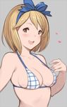  :d adapted_costume bikini blonde_hair bow breasts brown_eyes cleavage collarbone djeeta_(granblue_fantasy) granblue_fantasy hair_bow hanarito heart kimi_to_boku_no_mirai medium_breasts open_mouth ribbon short_hair smile solo swimsuit 