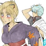  1boy 1girl 3mm blonde_hair blush couple folded_ponytail gintama japanese_clothes purple_eyes sakata_gintoki scar short_hair tsukuyo tsukuyo_(gintama) 