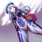  aila_jyrkiainen ass_visible_through_thighs blue_eyes bodysuit breasts dutch_angle from_below gundam gundam_build_fighters harihisa headwear_removed helmet helmet_removed impossible_clothes large_breasts lips long_hair silver_hair skin_tight solo thighs 