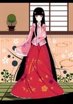  absurdres black_hair blush floral_print flower full_body hair_flower hair_ornament hand_on_own_chin highres hime_cut houraisan_kaguya japanese_clothes long_hair long_sleeves looking_at_viewer red_eyes sidelocks smile solo sonikey0_0 touhou very_long_hair wide_sleeves 