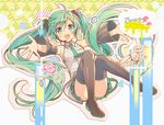  armpits black_footwear black_legwear blush boots detached_sleeves full_body green_eyes green_hair hatsune_miku headset highres long_hair looking_at_viewer murakami_yuichi necktie open_mouth outstretched_arms revision skirt smile solo thigh_boots thighhighs twintails very_long_hair vocaloid 