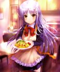  absurdres angel_beats! apron blazer blush bow chair charlotte_(anime) cosplay food frilled_apron frills goto_p hair_ornament hairclip highres indoors jacket long_hair long_sleeves omurice otosaka_ayumi otosaka_ayumi_(cosplay) plate school_uniform silver_hair smile solo standing table tenshi_(angel_beats!) tomato very_long_hair wing_collar yellow_eyes 