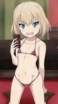  bikini blonde_hair blue_eyes blush cellphone emblem fang flat_chest girls_und_panzer highres inoshira katyusha kneeling micro_bikini navel phone pravda_(emblem) short_hair smartphone socks solo swimsuit 