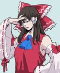  asakura_noi ascot black_hair blue_background bow detached_sleeves facepalm frilled_bow frills frustrated hair_bow hair_tubes hakurei_reimu hand_on_hip hand_up long_hair red_shirt ribbon-trimmed_sleeves ribbon_trim shirt simple_background sketch solo sweatdrop touhou upper_body wide_sleeves 